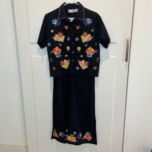 Carrie Allen 2 Pc. Dress‎ & Button Top Women M Set Black Colorful Embroidery Vtg